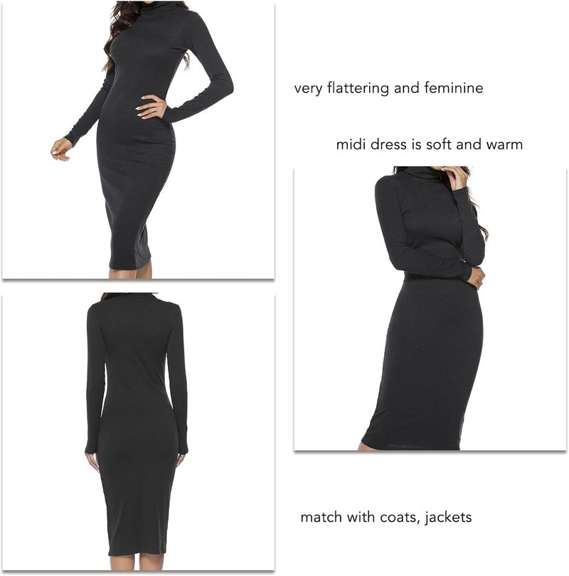 woobles Turtleneck Knit Sweater Stretch Dress, Solid Color Elastic Basic Turtleneck Ribbed Sweater Dress for Winter for Party Date XL - Image 1